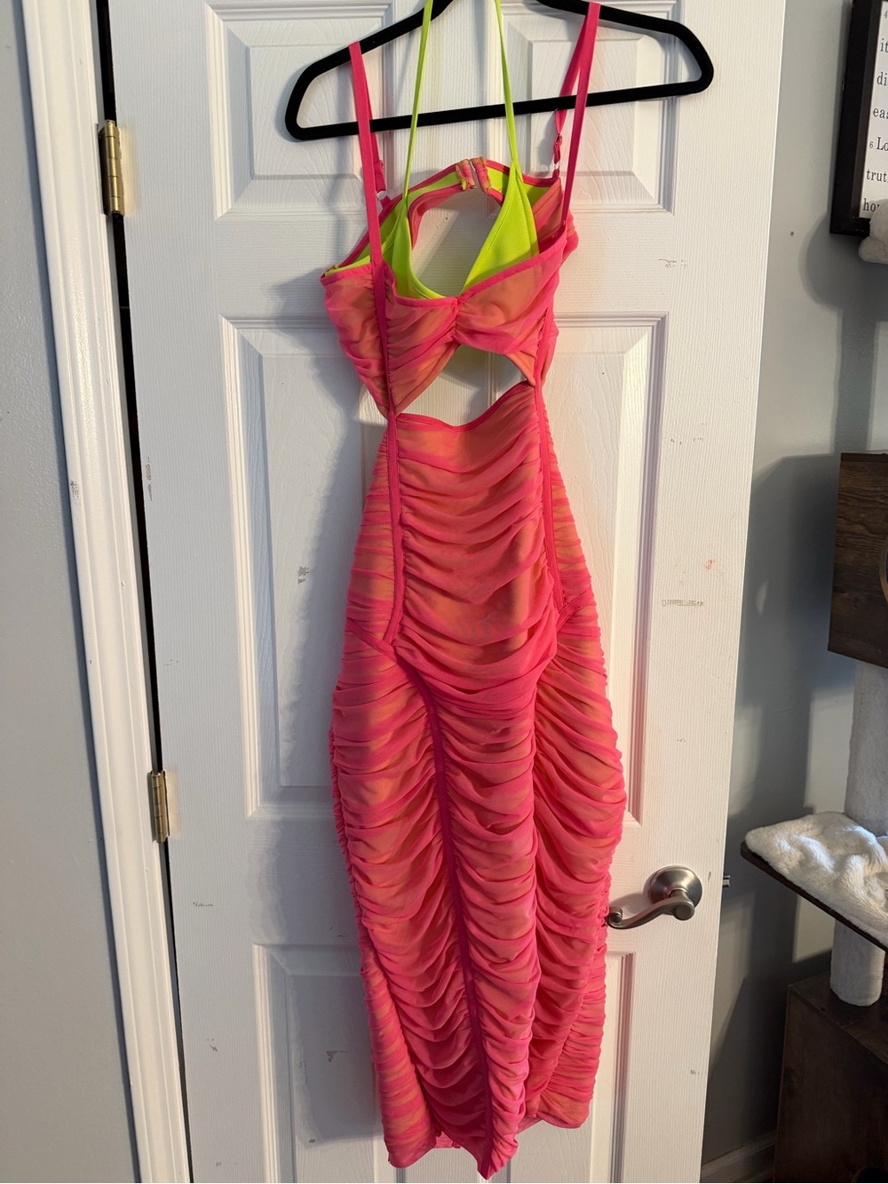 Fashion Nova Neon Pink and Lime Cutout Ruched Bodycon Dress